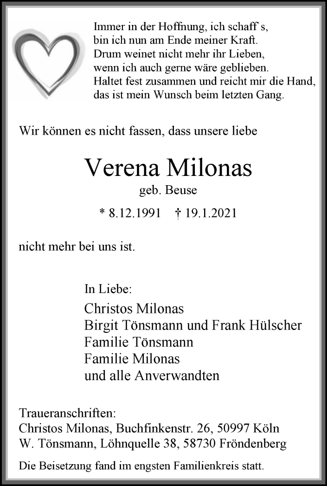  Traueranzeige für Verena Milonas vom 03.02.2021 aus WVW Anzeigenblätter