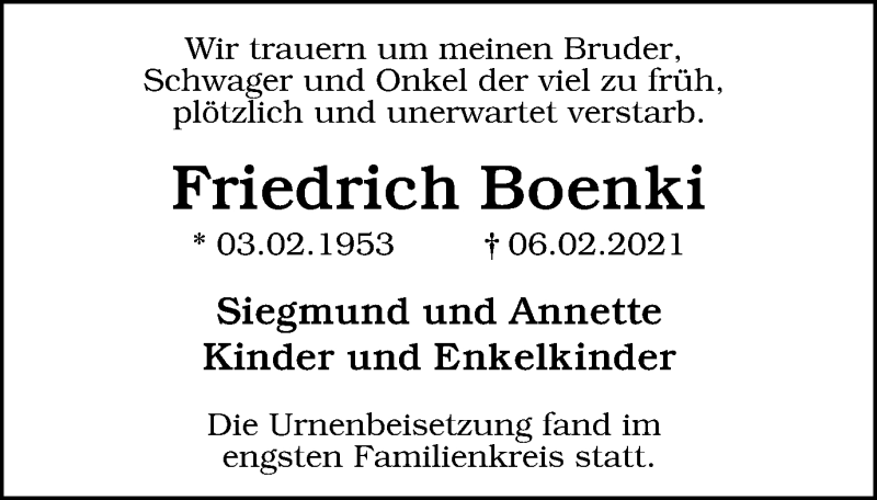  Traueranzeige für Friedrich Boenki vom 06.03.2021 aus WVW Anzeigenblätter