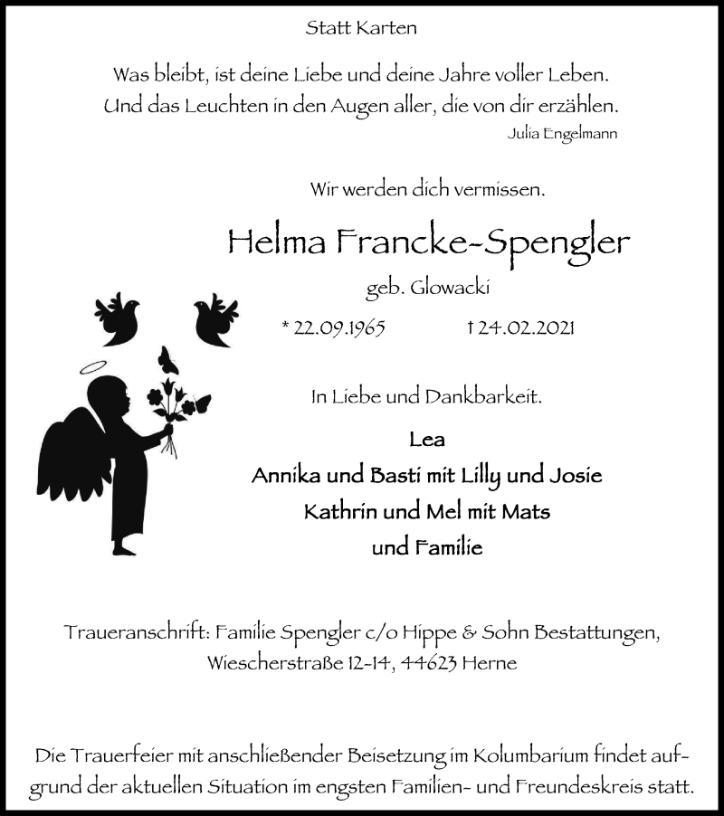  Traueranzeige für Helma Francke-Spengler vom 06.03.2021 aus WVW Anzeigenblätter