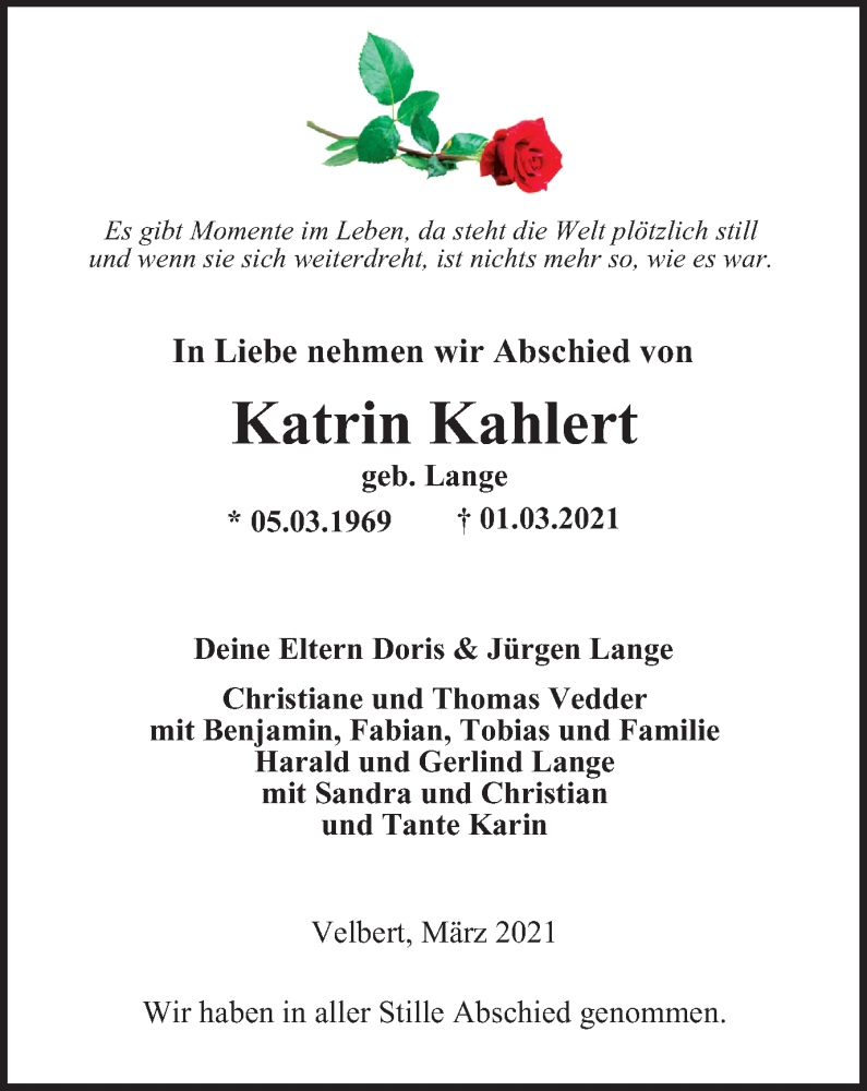  Traueranzeige für Katrin Kahlert vom 13.03.2021 aus WVW Anzeigenblätter