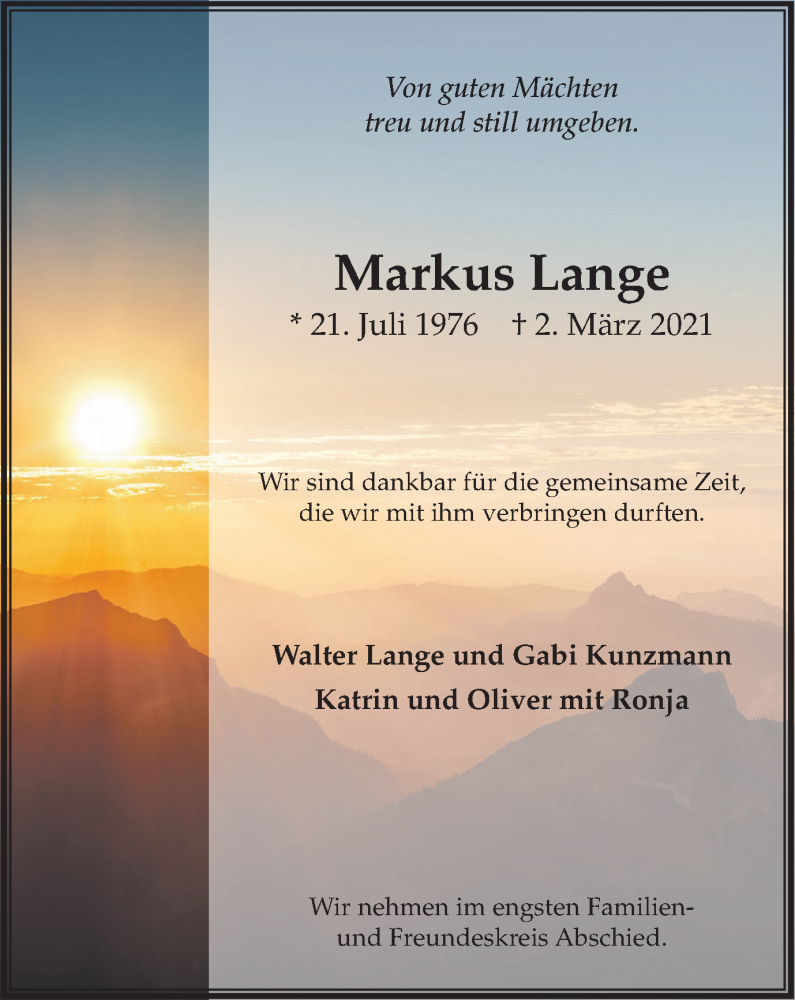  Traueranzeige für Markus Lange vom 06.03.2021 aus WVW Anzeigenblätter