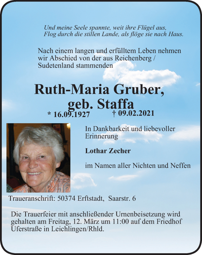  Traueranzeige für Ruth-Maria Gruber vom 06.03.2021 aus WVW Anzeigenblätter