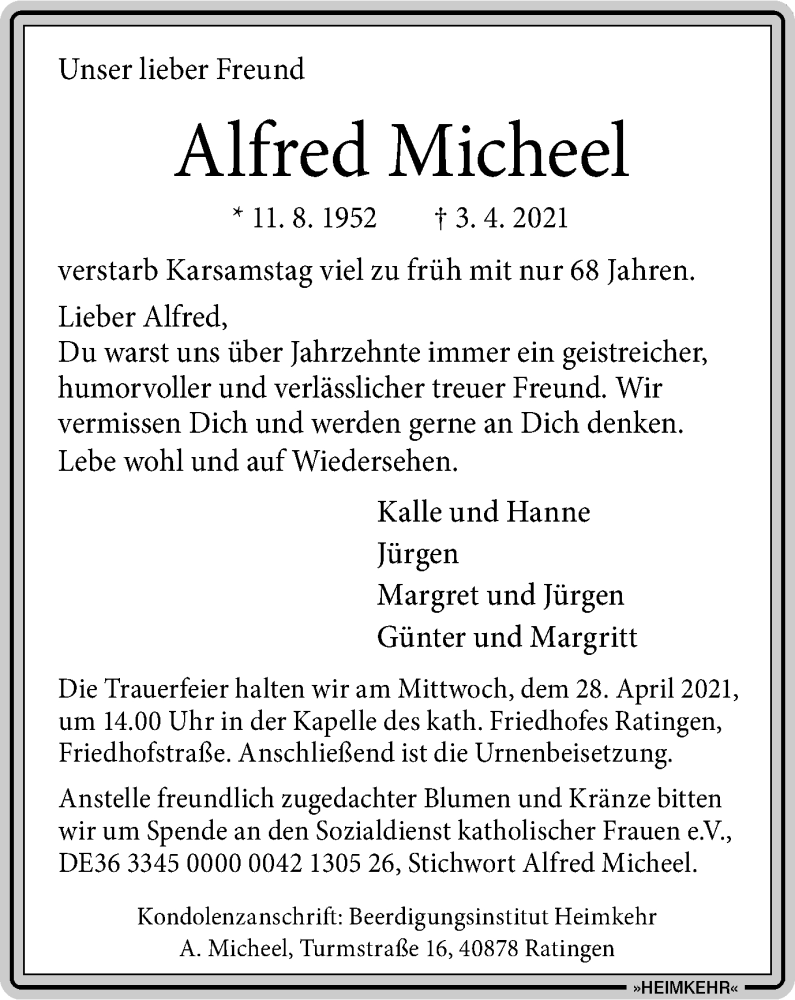  Traueranzeige für Alfred Micheel vom 15.04.2021 aus WVW Anzeigenblätter
