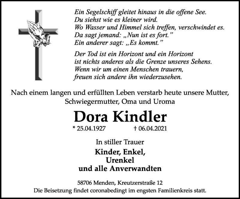  Traueranzeige für Dora Kindler vom 10.04.2021 aus WVW Anzeigenblätter