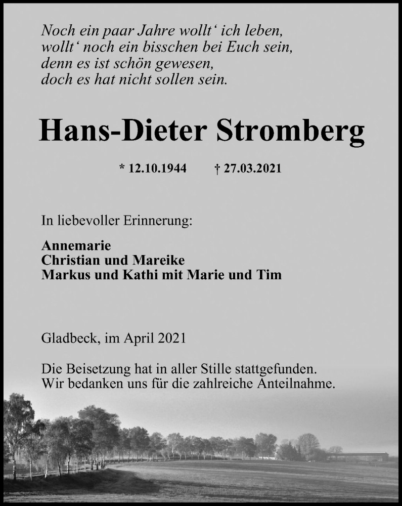  Traueranzeige für Hans-Dieter Stromberg vom 14.04.2021 aus WVW Anzeigenblätter