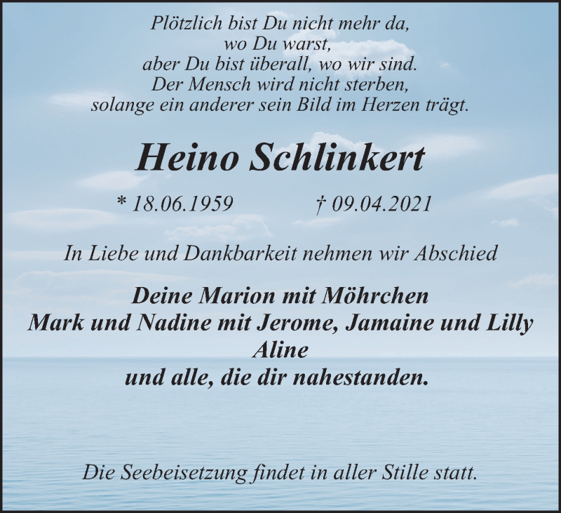  Traueranzeige für Heino Schlinkert vom 14.04.2021 aus WVW Anzeigenblätter