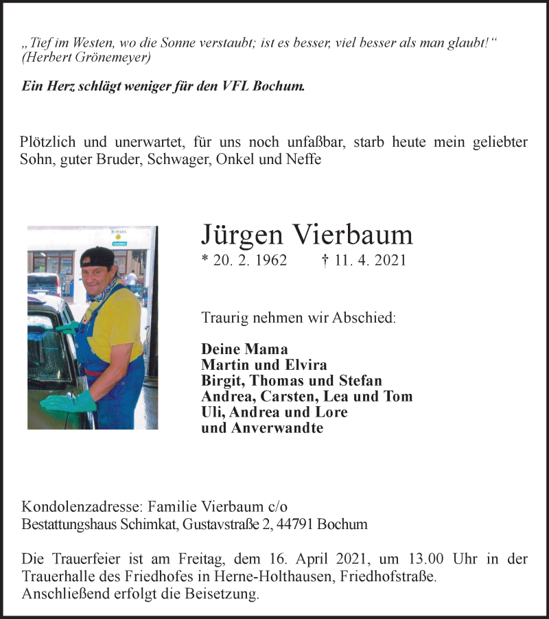  Traueranzeige für Jürgen Vierbaum vom 14.04.2021 aus WVW Anzeigenblätter