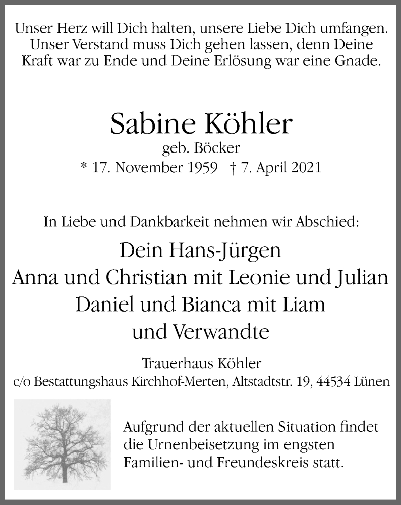  Traueranzeige für Sabine Köhler vom 14.04.2021 aus WVW Anzeigenblätter