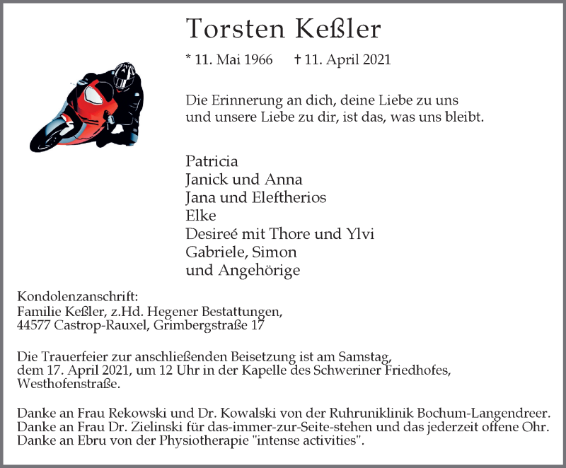  Traueranzeige für Torsten Keßler vom 14.04.2021 aus WVW Anzeigenblätter