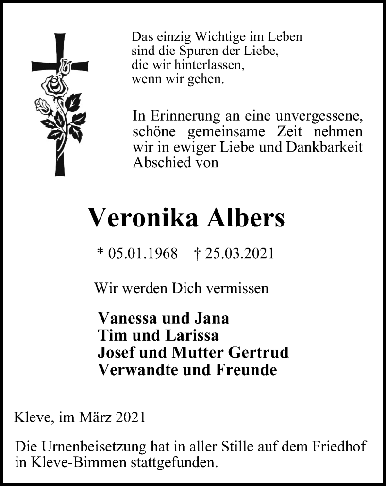  Traueranzeige für Veronika Albers vom 14.04.2021 aus WVW Anzeigenblätter