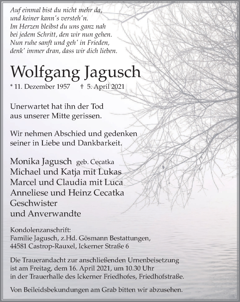 Traueranzeige für Wolfgang Jagusch vom 10.04.2021 aus WVW Anzeigenblätter