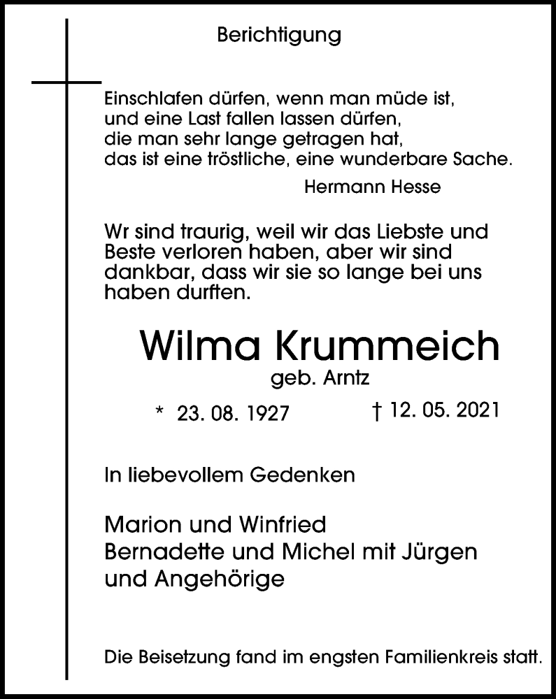 Traueranzeige für Wilma Krummeich vom 26.05.2021 aus WVW Anzeigenblätter