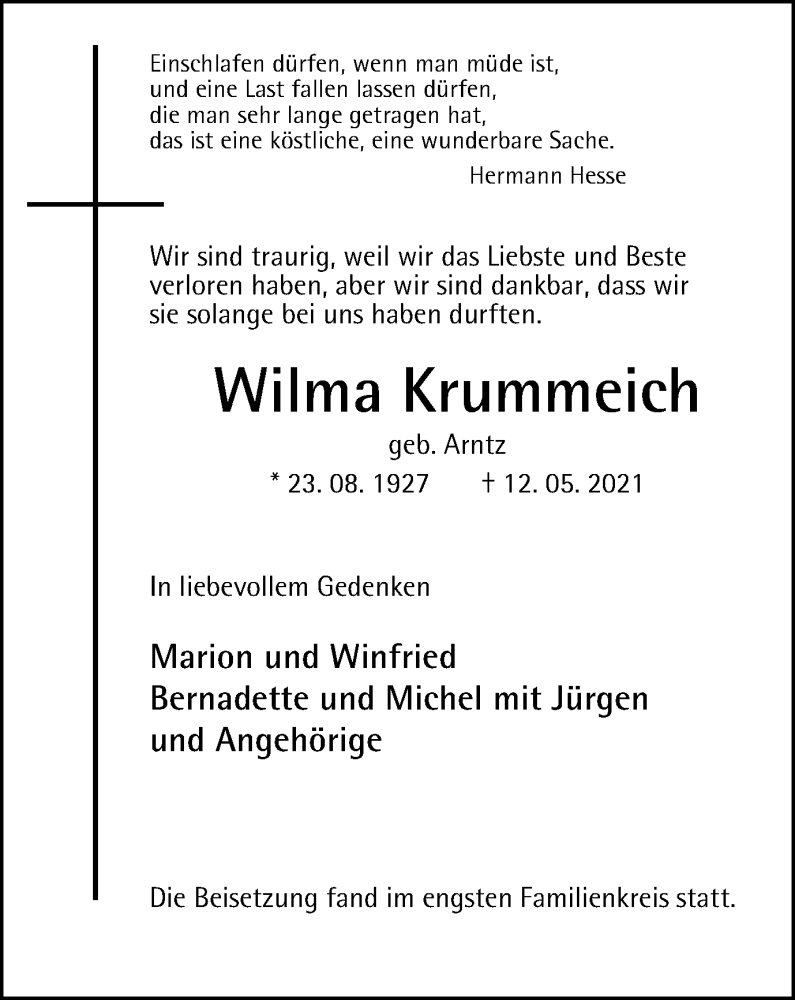  Traueranzeige für Wilma Krummeich vom 22.05.2021 aus WVW Anzeigenblätter