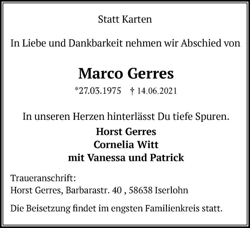  Traueranzeige für Marco Gerres vom 23.06.2021 aus WVW Anzeigenblätter