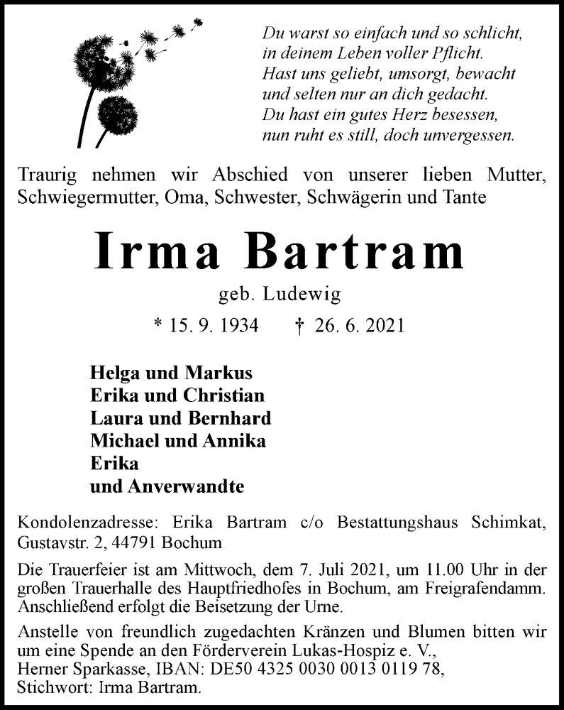  Traueranzeige für Irma Bartram vom 03.07.2021 aus WVW Anzeigenblätter