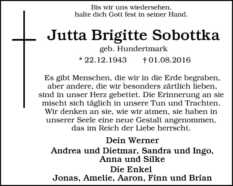  Traueranzeige für Jutta Brigitte Sobottka vom 31.07.2021 aus WVW Anzeigenblätter