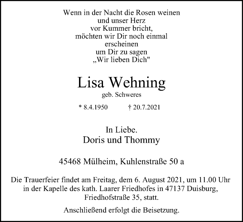 Traueranzeige für Lisa Wehning vom 31.07.2021 aus WVW Anzeigenblätter