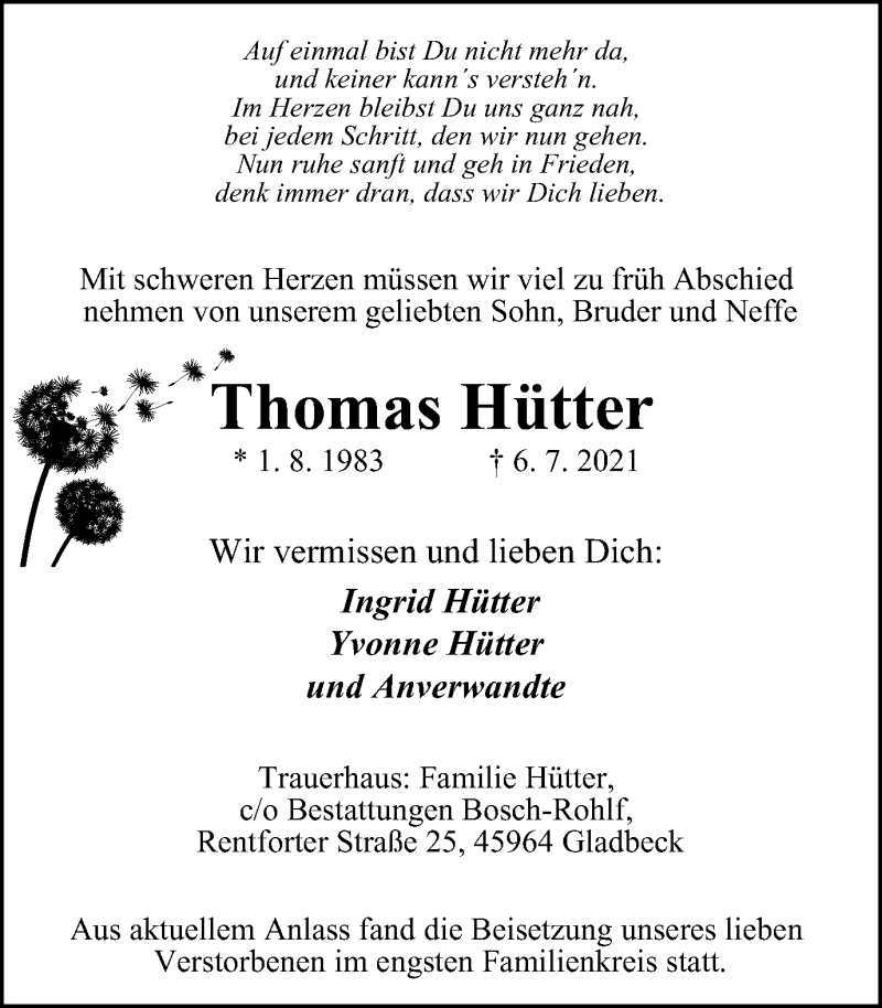  Traueranzeige für Thomas Hütter vom 21.07.2021 aus WVW Anzeigenblätter