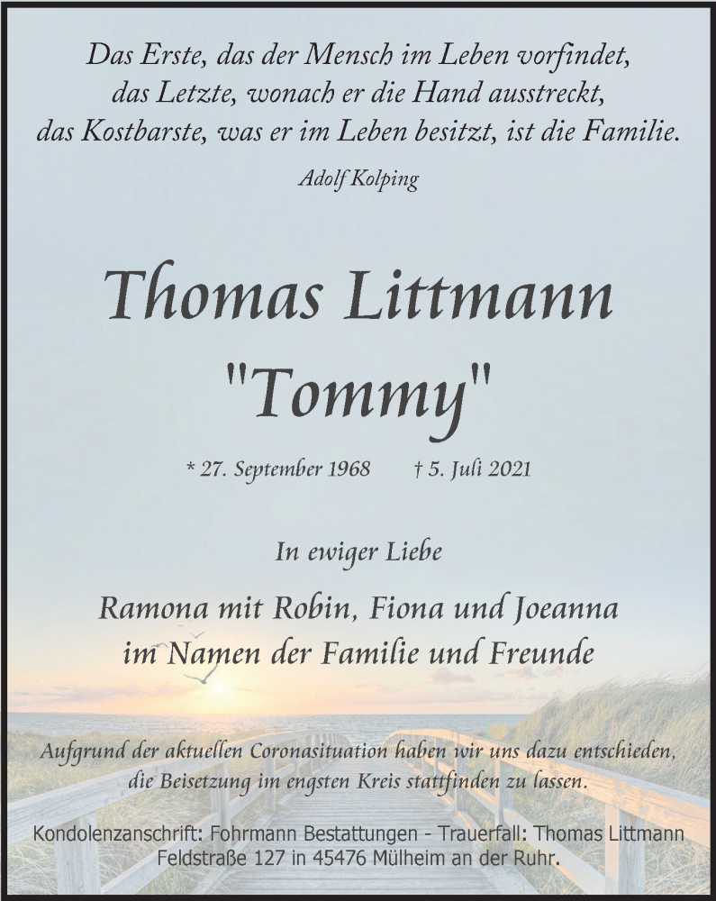  Traueranzeige für Thomas Littmann vom 10.07.2021 aus WVW Anzeigenblätter