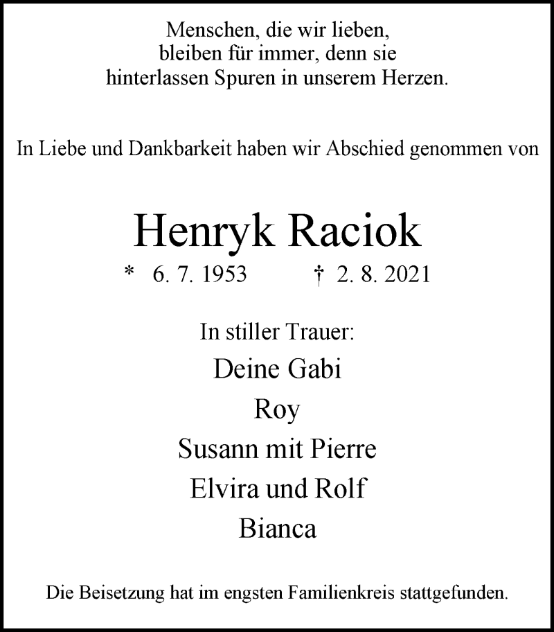  Traueranzeige für Henryk Raciok vom 14.08.2021 aus WVW Anzeigenblätter