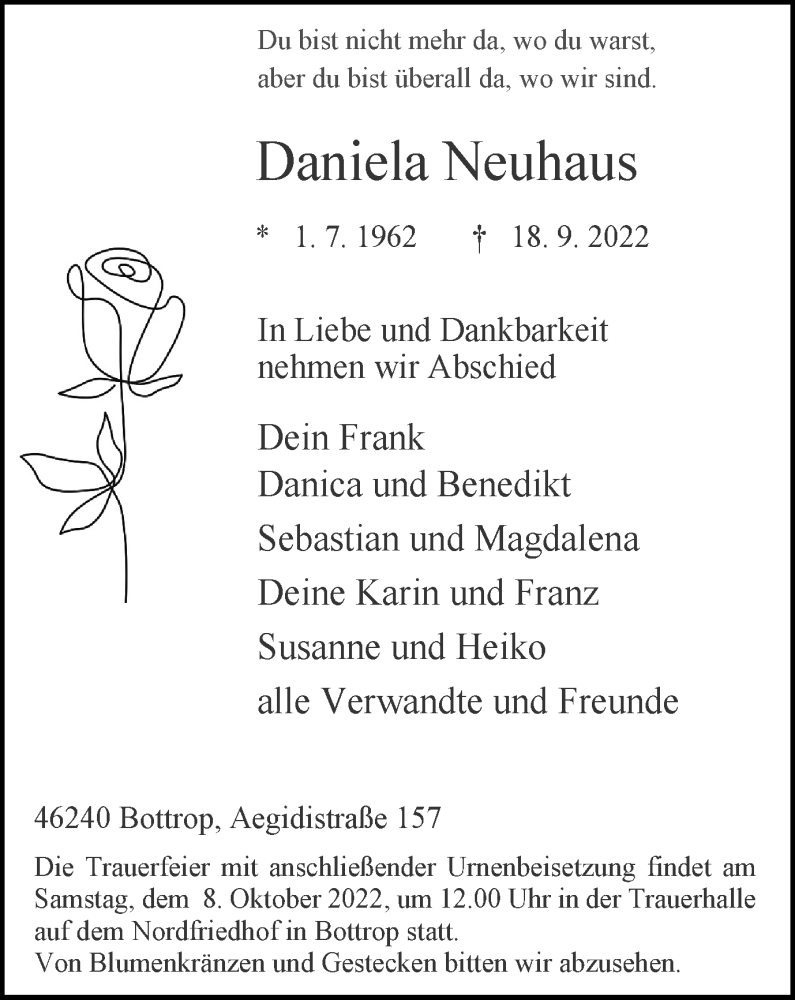  Traueranzeige für Daniela Neuhaus vom 01.10.2022 aus WVW Anzeigenblätter