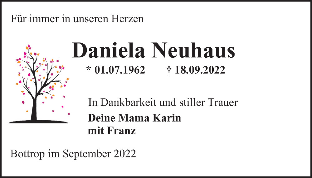  Traueranzeige für Daniela Neuhaus vom 08.10.2022 aus WVW Anzeigenblätter