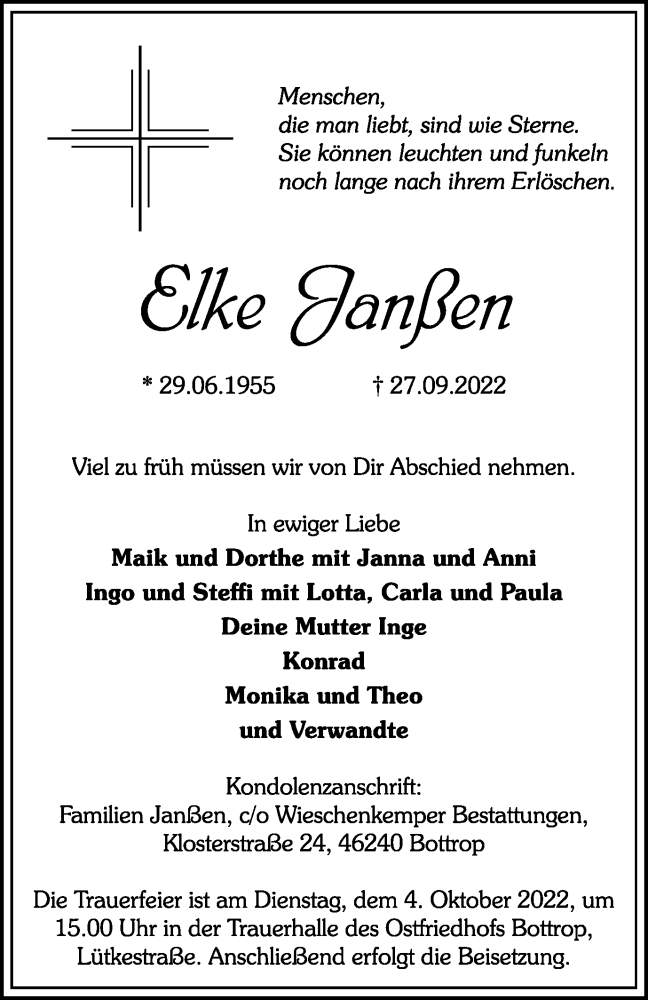  Traueranzeige für Elke Janßen vom 01.10.2022 aus WVW Anzeigenblätter