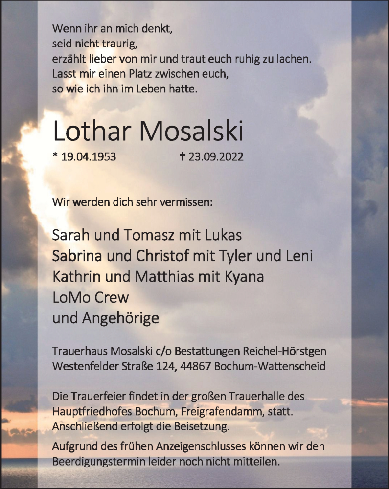  Traueranzeige für Lothar Mosalski vom 01.10.2022 aus WVW Anzeigenblätter