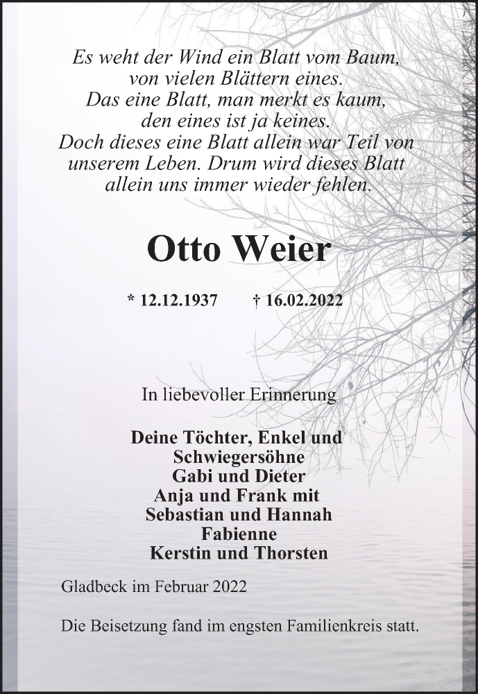  Traueranzeige für Otto Weier vom 12.03.2022 aus WVW Anzeigenblätter