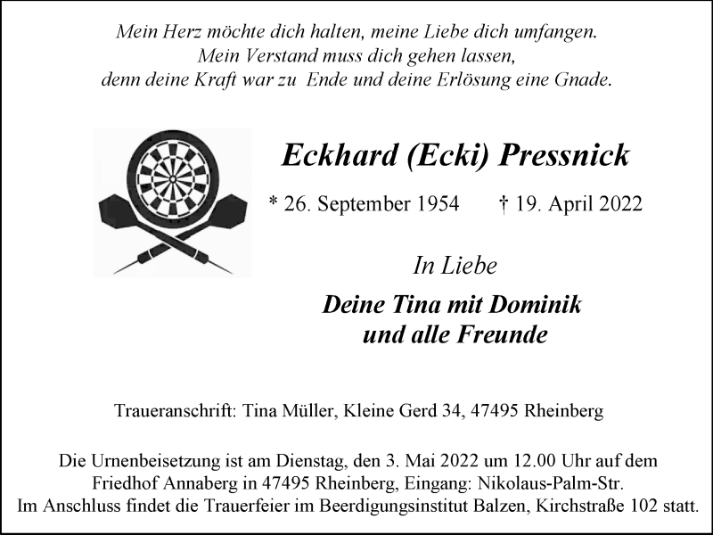 Traueranzeige für Eckhard  Pressnick vom 23.04.2022 aus WVW Anzeigenblätter