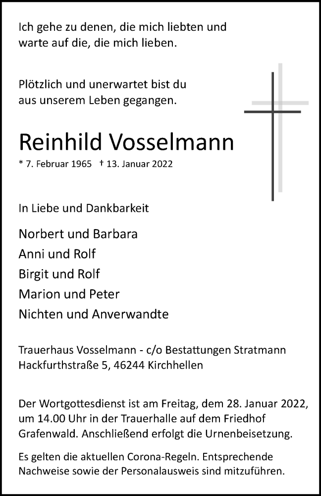  Traueranzeige für Reinhild Vosselmann vom 22.01.2022 aus WVW Anzeigenblätter