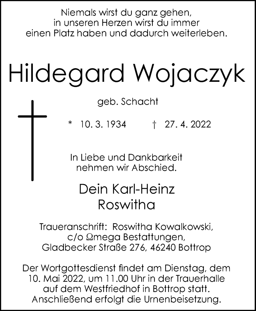  Traueranzeige für Hildegard Wojaczyk vom 07.05.2022 aus WVW Anzeigenblätter