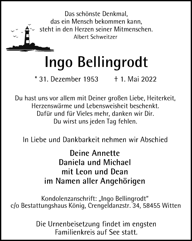  Traueranzeige für Ingo Bellingrodt vom 07.05.2022 aus WVW Anzeigenblätter