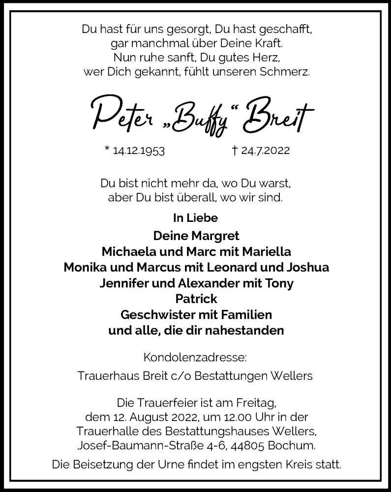  Traueranzeige für Peter Breit vom 06.08.2022 aus WVW Anzeigenblätter