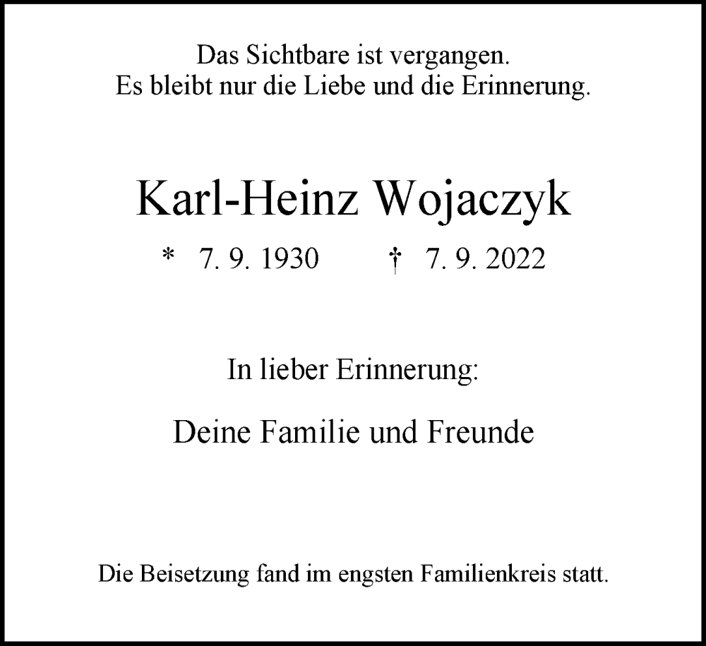  Traueranzeige für Karl-Heinz Wojaczyk vom 24.09.2022 aus WVW Anzeigenblätter
