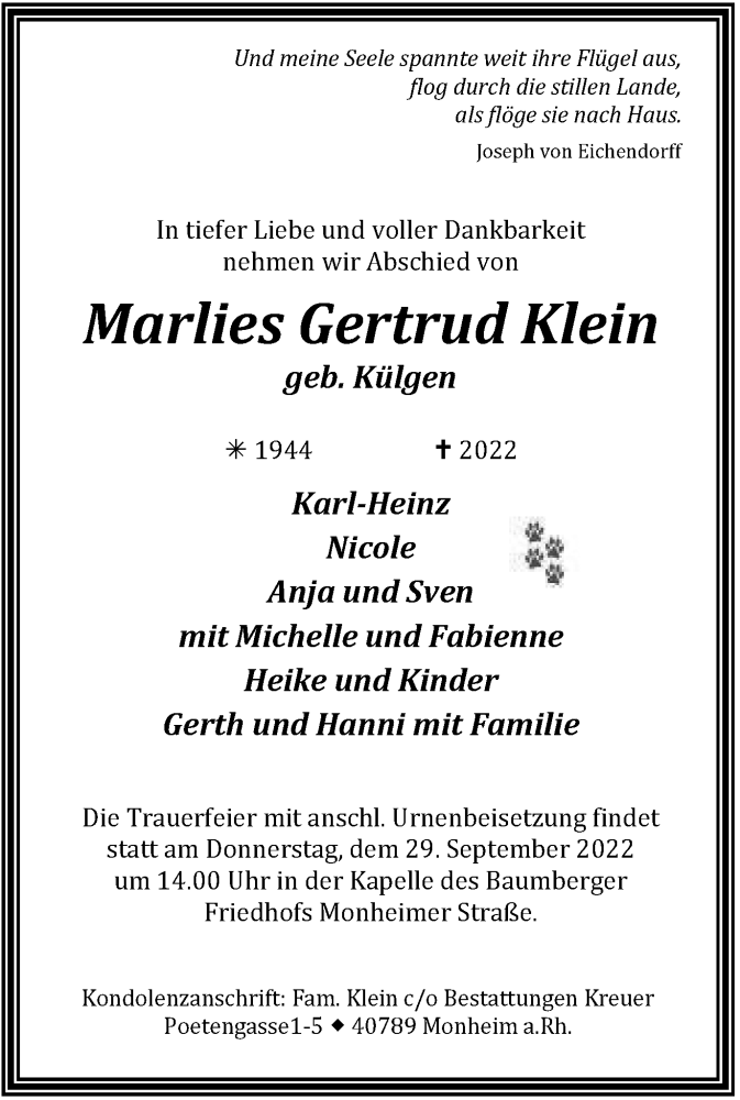  Traueranzeige für Marlies Gertrud Klein vom 24.09.2022 aus WVW Anzeigenblätter