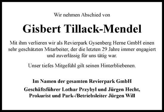 Traueranzeige von Gisbert Tillack-Mendel von Tageszeitung