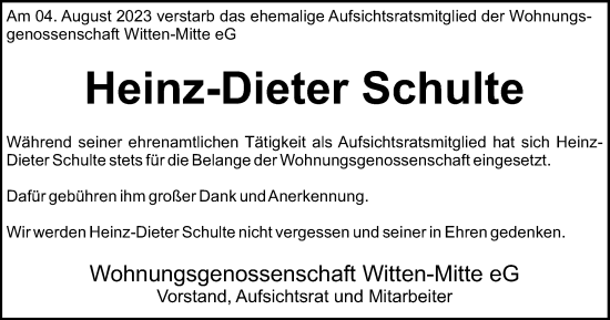 Traueranzeige von Heinz-Dieter Schulte von Tageszeitung