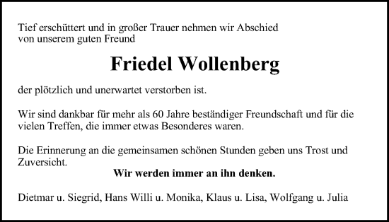 Traueranzeige von Friedel Wollenberg von Tageszeitung