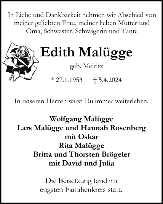 Traueranzeige von Edith Malügge von Tageszeitung