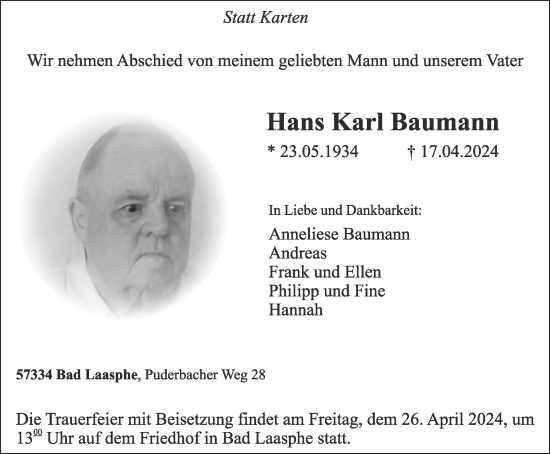 Traueranzeige von Hans Karl Baumann von Tageszeitung