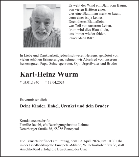 Traueranzeige von Karl-Heinz Wurm von Tageszeitung