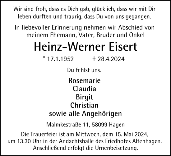 Traueranzeige von Heinz-Werner Eisert von Tageszeitung