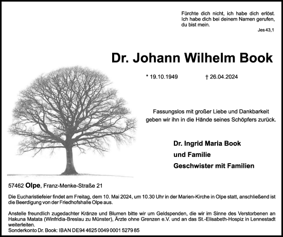 Traueranzeige von Johann Wilhelm Book von Tageszeitung