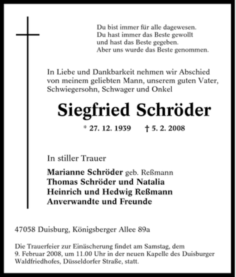  Traueranzeige für Siegfried Schröder vom 07.02.2008 aus Tageszeitung