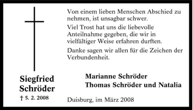  Traueranzeige für Siegfried Schröder vom 15.03.2008 aus Tageszeitung