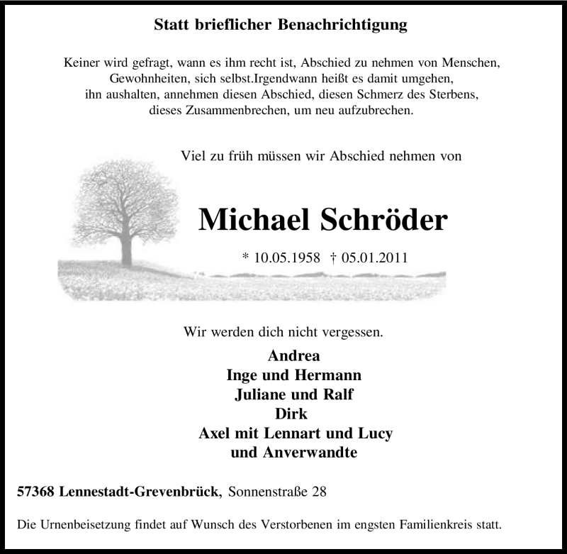  Traueranzeige für Michael Schröder vom 07.01.2011 aus Tageszeitung