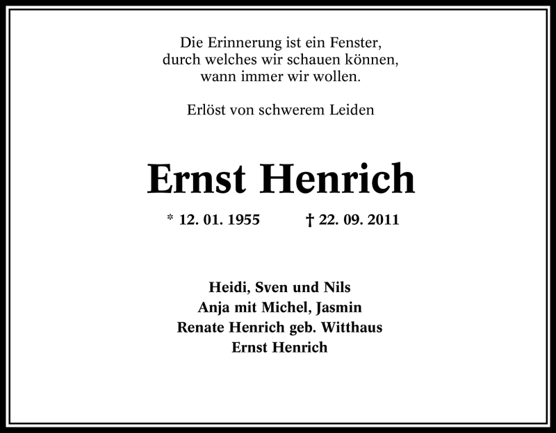 Traueranzeige für Ernst Henrich vom 05.10.2011 aus Tageszeitung