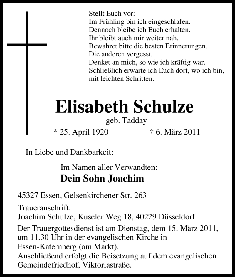 Traueranzeige für Elisabeth Schulze vom 10.03.2011 aus Tageszeitung