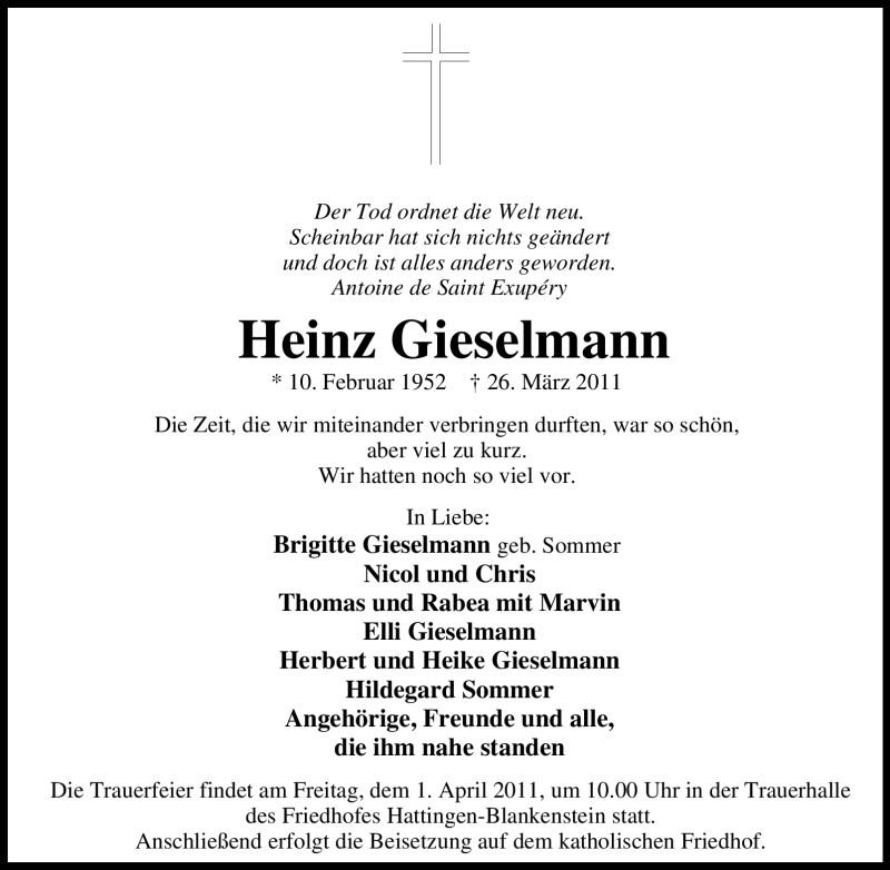  Traueranzeige für Heinz Gieselmann vom 30.03.2011 aus Tageszeitung